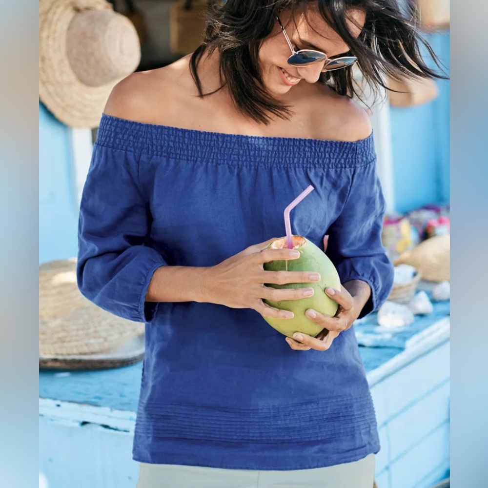 Boden 100% Linen Henrietta Blue Elastic Shoulder Pintuck Blouse